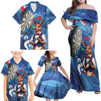 Darts NAIDOC Week 2026 Personalised Family Matching Off Shoulder Maxi Dress and Hawaiian Shirt Australia Flag Kangaroo Dhari Aboriginal Art