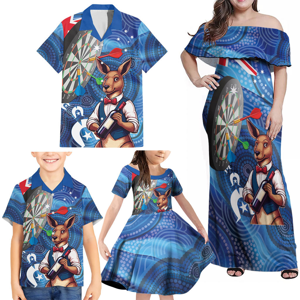 Darts NAIDOC Week 2026 Personalised Family Matching Off Shoulder Maxi Dress and Hawaiian Shirt Australia Flag Kangaroo Dhari Aboriginal Art