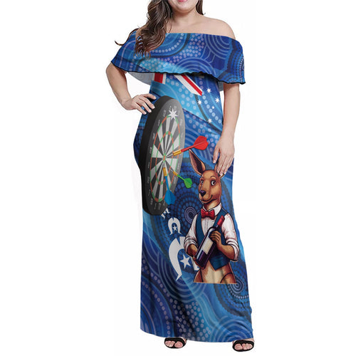 Darts NAIDOC Week 2026 Personalised Family Matching Off Shoulder Maxi Dress and Hawaiian Shirt Australia Flag Kangaroo Dhari Aboriginal Art