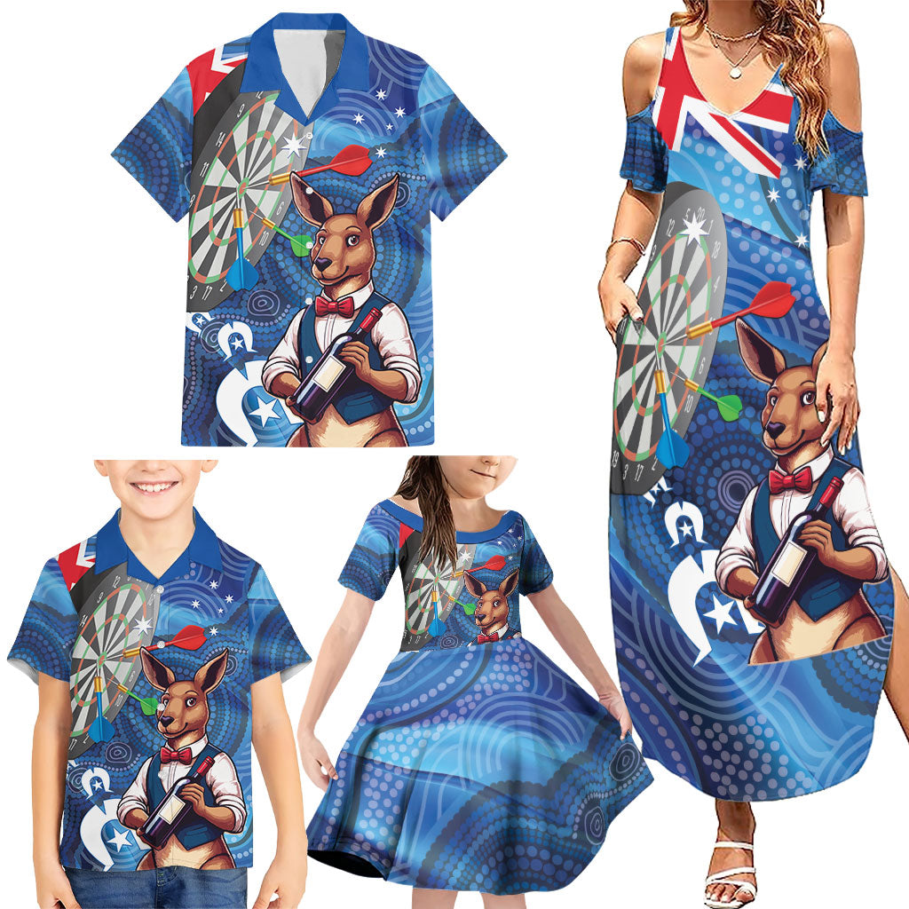 Darts NAIDOC Week 2026 Personalised Family Matching Summer Maxi Dress and Hawaiian Shirt Australia Flag Kangaroo Dhari Aboriginal Art