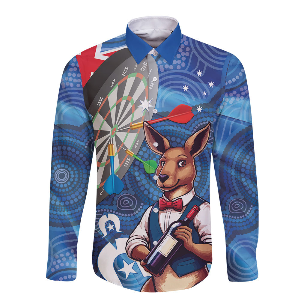 Darts NAIDOC Week 2026 Personalised Long Sleeve Button Shirt Australia Flag Kangaroo Dhari Aboriginal Art