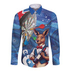 Darts NAIDOC Week 2026 Personalised Long Sleeve Button Shirt Australia Flag Kangaroo Dhari Aboriginal Art