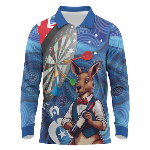 Darts NAIDOC Week 2026 Personalised Long Sleeve Polo Shirt Australia Flag Kangaroo Dhari Aboriginal Art