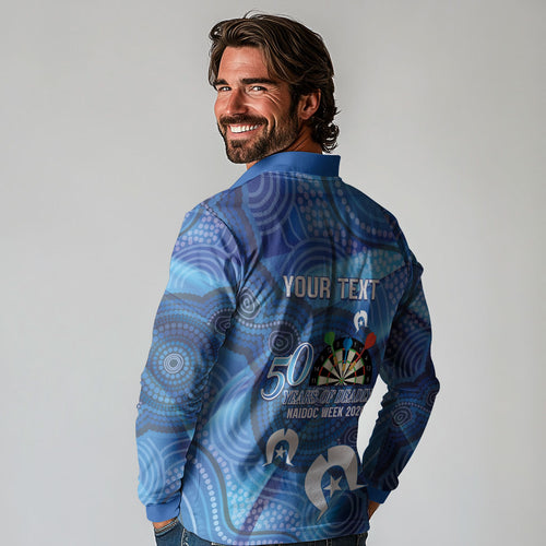 Darts NAIDOC Week 2026 Personalised Long Sleeve Polo Shirt Australia Flag Kangaroo Dhari Aboriginal Art