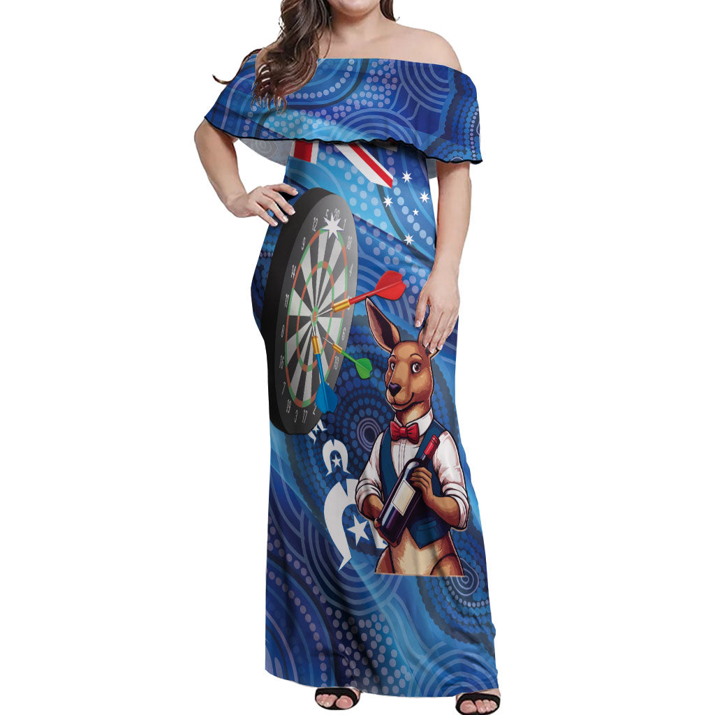 Darts NAIDOC Week 2026 Personalised Off Shoulder Maxi Dress Australia Flag Kangaroo Dhari Aboriginal Art