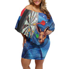 Darts NAIDOC Week 2026 Personalised Off Shoulder Short Dress Australia Flag Kangaroo Dhari Aboriginal Art
