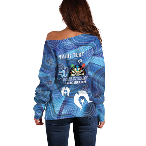 Darts NAIDOC Week 2026 Personalised Off Shoulder Sweater Australia Flag Kangaroo Dhari Aboriginal Art