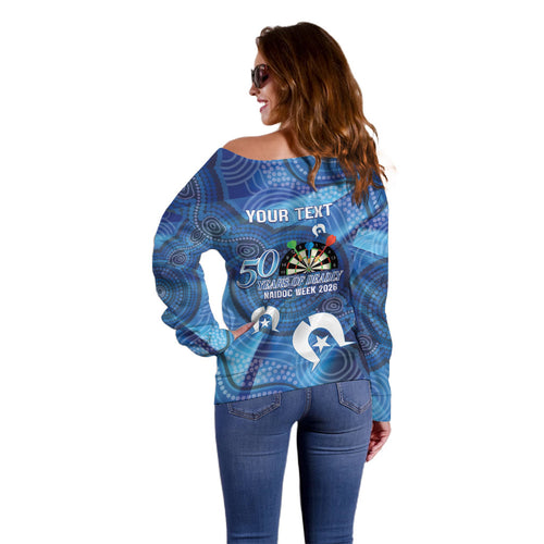 Darts NAIDOC Week 2026 Personalised Off Shoulder Sweater Australia Flag Kangaroo Dhari Aboriginal Art