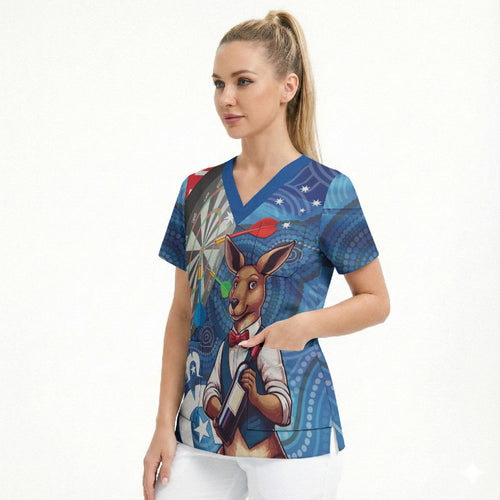 Darts NAIDOC Week 2026 Personalised Scrub Top Australia Flag Kangaroo Dhari Aboriginal Art