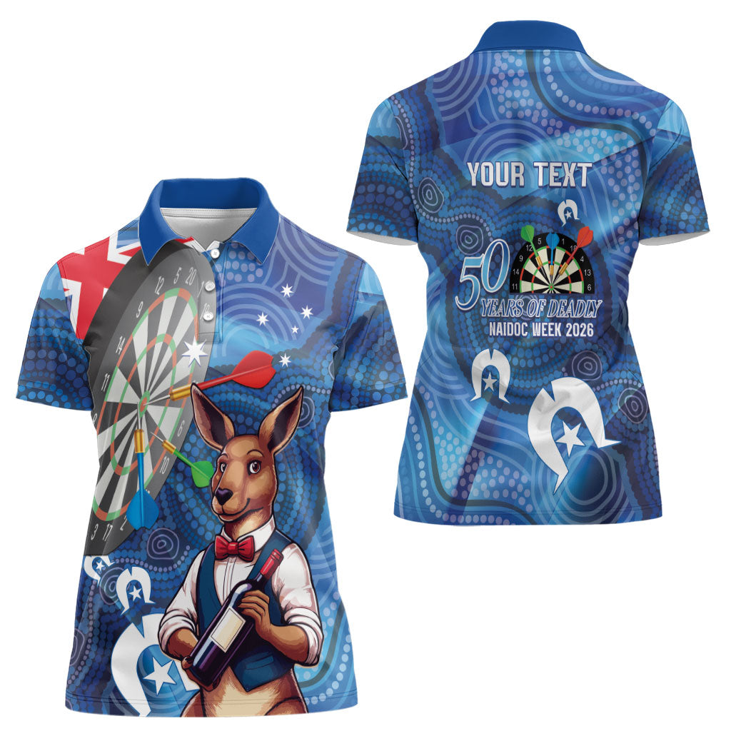 Darts NAIDOC Week 2026 Personalised Women Polo Shirt Australia Flag Kangaroo Dhari Aboriginal Art