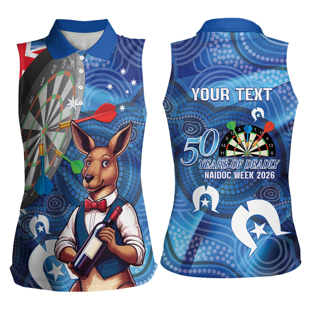 Darts NAIDOC Week 2026 Personalised Women Sleeveless Polo Shirt Australia Flag Kangaroo Dhari Aboriginal Art