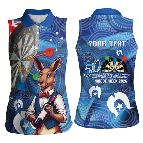 Darts NAIDOC Week 2026 Personalised Women Sleeveless Polo Shirt Australia Flag Kangaroo Dhari Aboriginal Art