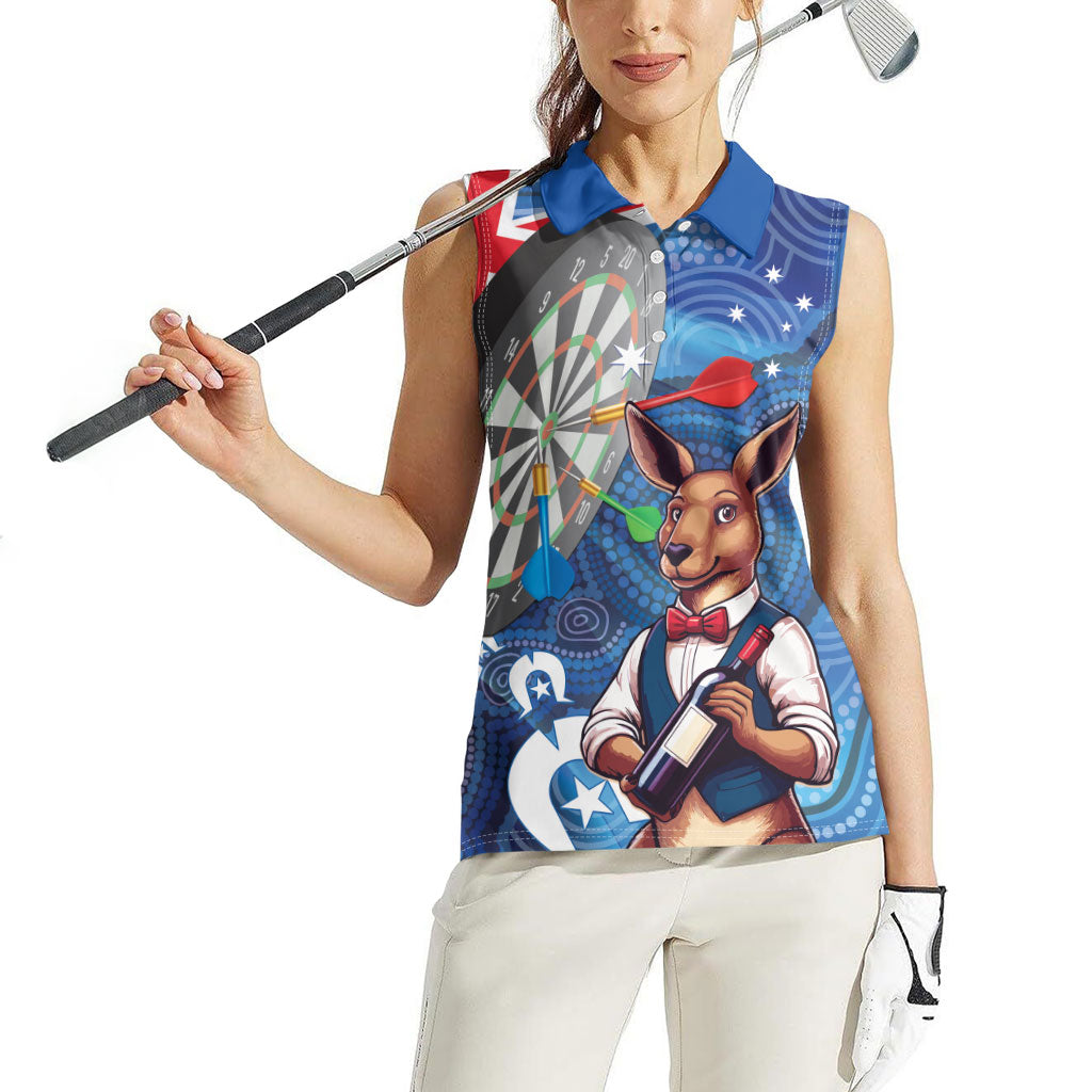 Darts NAIDOC Week 2026 Personalised Women Sleeveless Polo Shirt Australia Flag Kangaroo Dhari Aboriginal Art