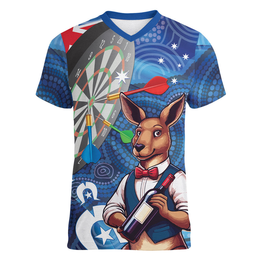 Darts NAIDOC Week 2026 Personalised Women V-Neck T-Shirt Australia Flag Kangaroo Dhari Aboriginal Art