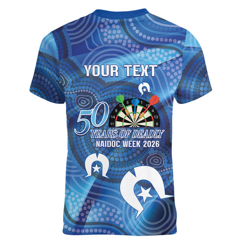 Darts NAIDOC Week 2026 Personalised Women V-Neck T-Shirt Australia Flag Kangaroo Dhari Aboriginal Art