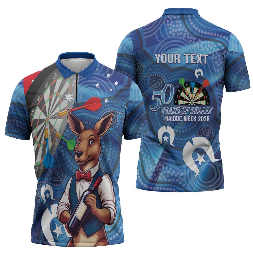 Darts NAIDOC Week 2026 Personalised Zipper Polo Shirt Australia Flag Kangaroo Dhari Aboriginal Art