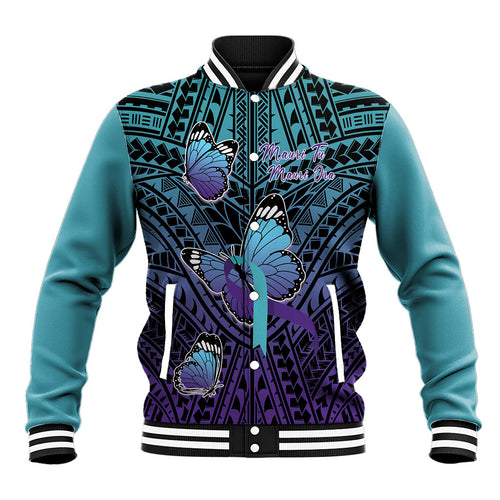 Personalised New Zealand Suicide Prevention Month Baseball Jacket Maori Mauri Tu Mauri Ora Polynesian Pattern