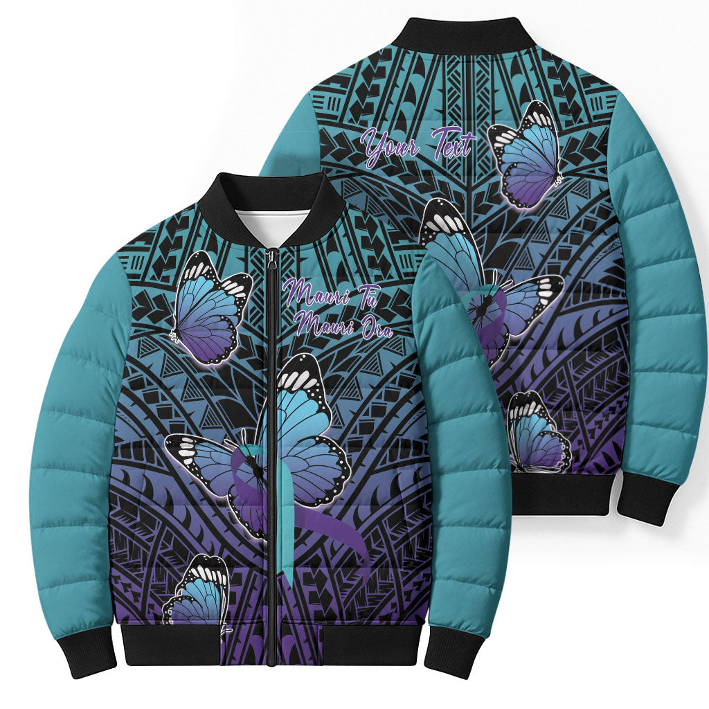 Personalised New Zealand Suicide Prevention Month Bomber Puffer Jacket Maori Mauri Tu Mauri Ora Polynesian Pattern
