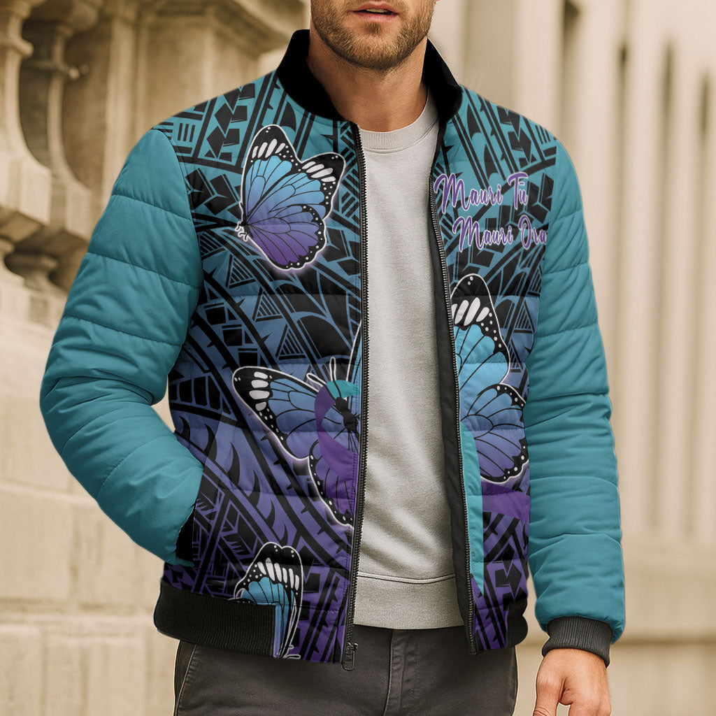 Personalised New Zealand Suicide Prevention Month Bomber Puffer Jacket Maori Mauri Tu Mauri Ora Polynesian Pattern