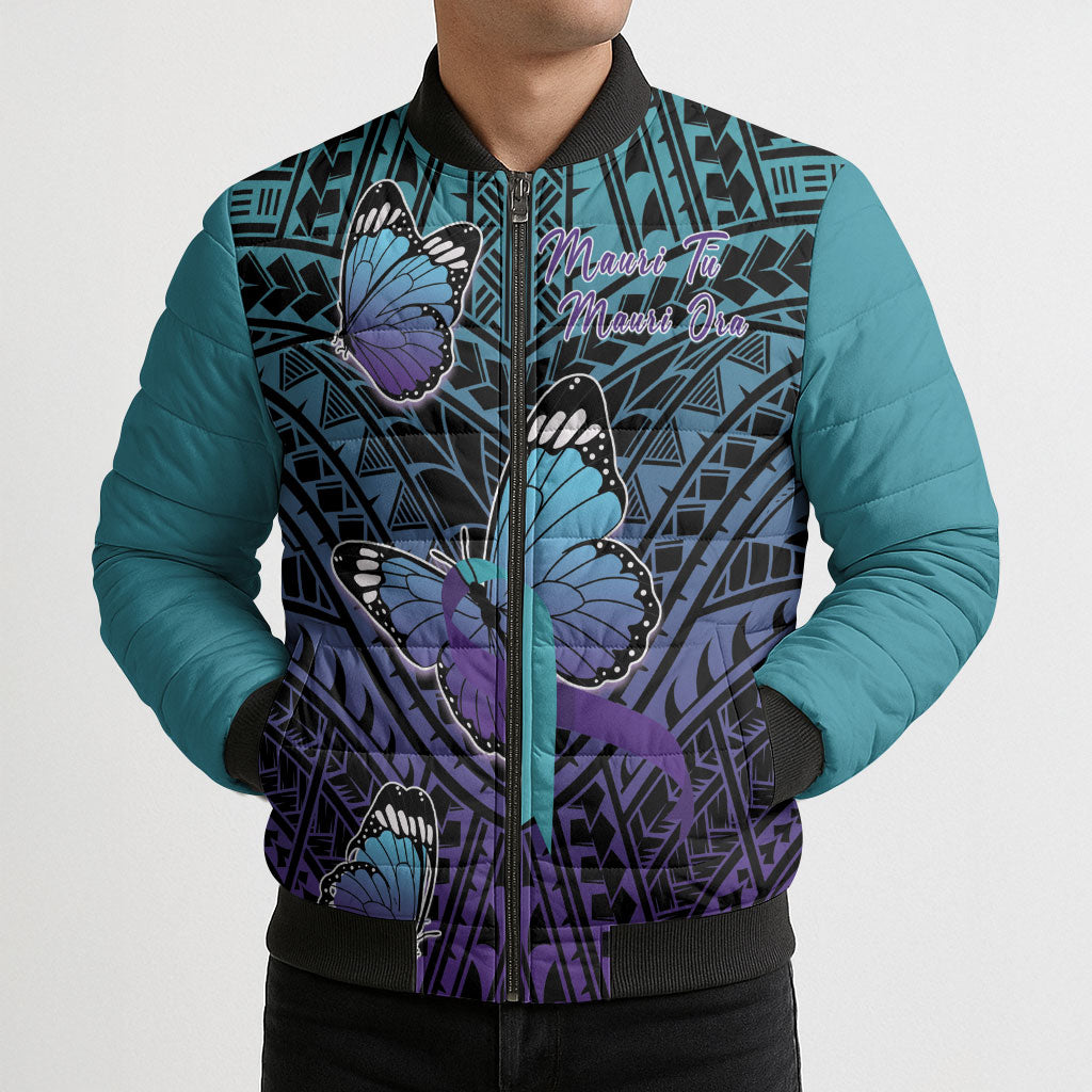 Personalised New Zealand Suicide Prevention Month Bomber Puffer Jacket Maori Mauri Tu Mauri Ora Polynesian Pattern