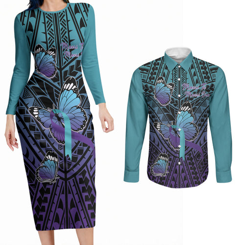 Personalised New Zealand Suicide Prevention Month Couples Matching Long Sleeve Bodycon Dress and Long Sleeve Button Shirt Maori Mauri Tu Mauri Ora Polynesian Pattern