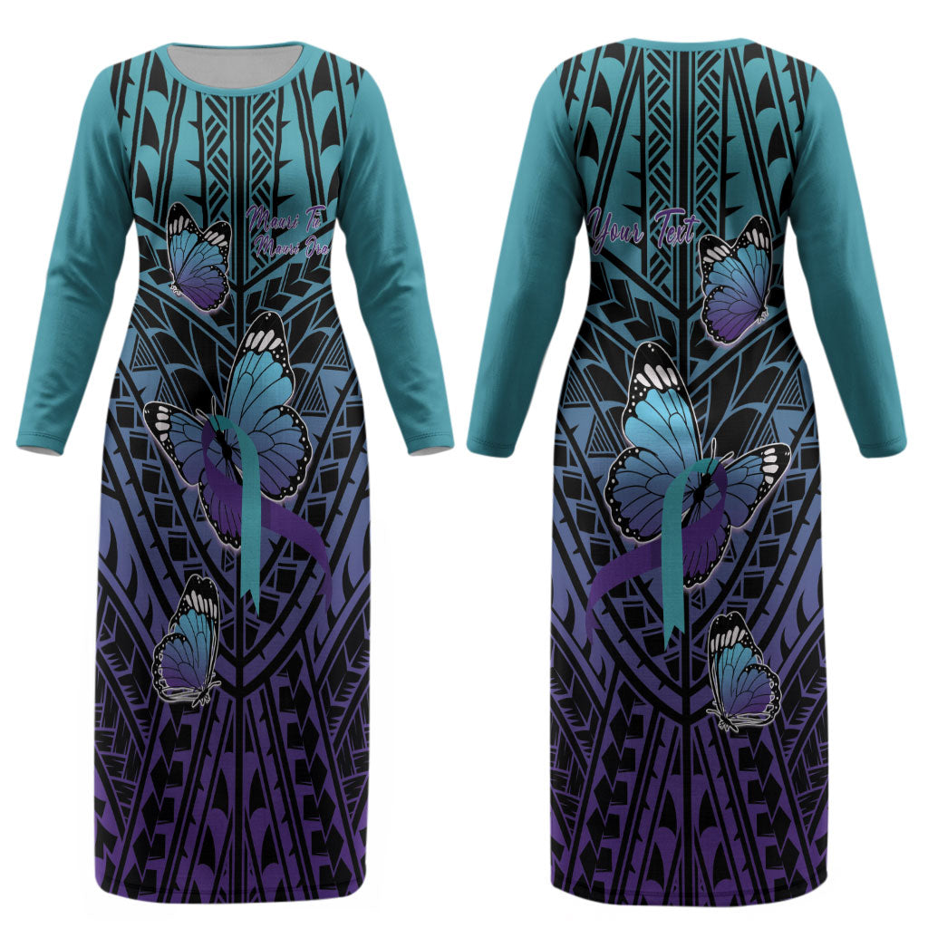 Personalised New Zealand Suicide Prevention Month Couples Matching Long Sleeve Bodycon Dress and Long Sleeve Button Shirt Maori Mauri Tu Mauri Ora Polynesian Pattern