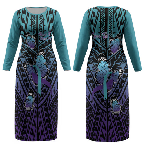 Personalised New Zealand Suicide Prevention Month Couples Matching Long Sleeve Bodycon Dress and Long Sleeve Button Shirt Maori Mauri Tu Mauri Ora Polynesian Pattern