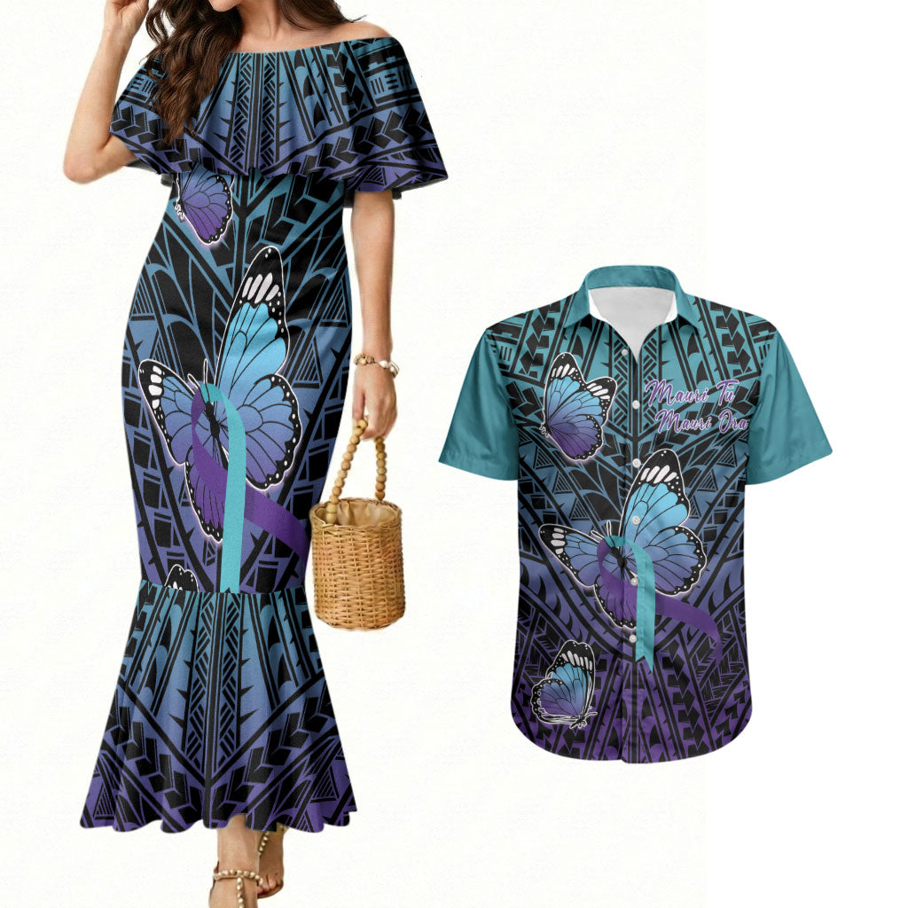 Personalised New Zealand Suicide Prevention Month Couples Matching Mermaid Dress and Hawaiian Shirt Maori Mauri Tu Mauri Ora Polynesian Pattern
