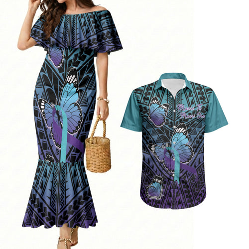 Personalised New Zealand Suicide Prevention Month Couples Matching Mermaid Dress and Hawaiian Shirt Maori Mauri Tu Mauri Ora Polynesian Pattern