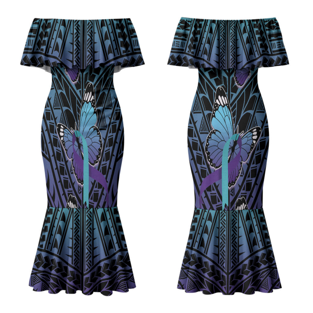 Personalised New Zealand Suicide Prevention Month Couples Matching Mermaid Dress and Hawaiian Shirt Maori Mauri Tu Mauri Ora Polynesian Pattern