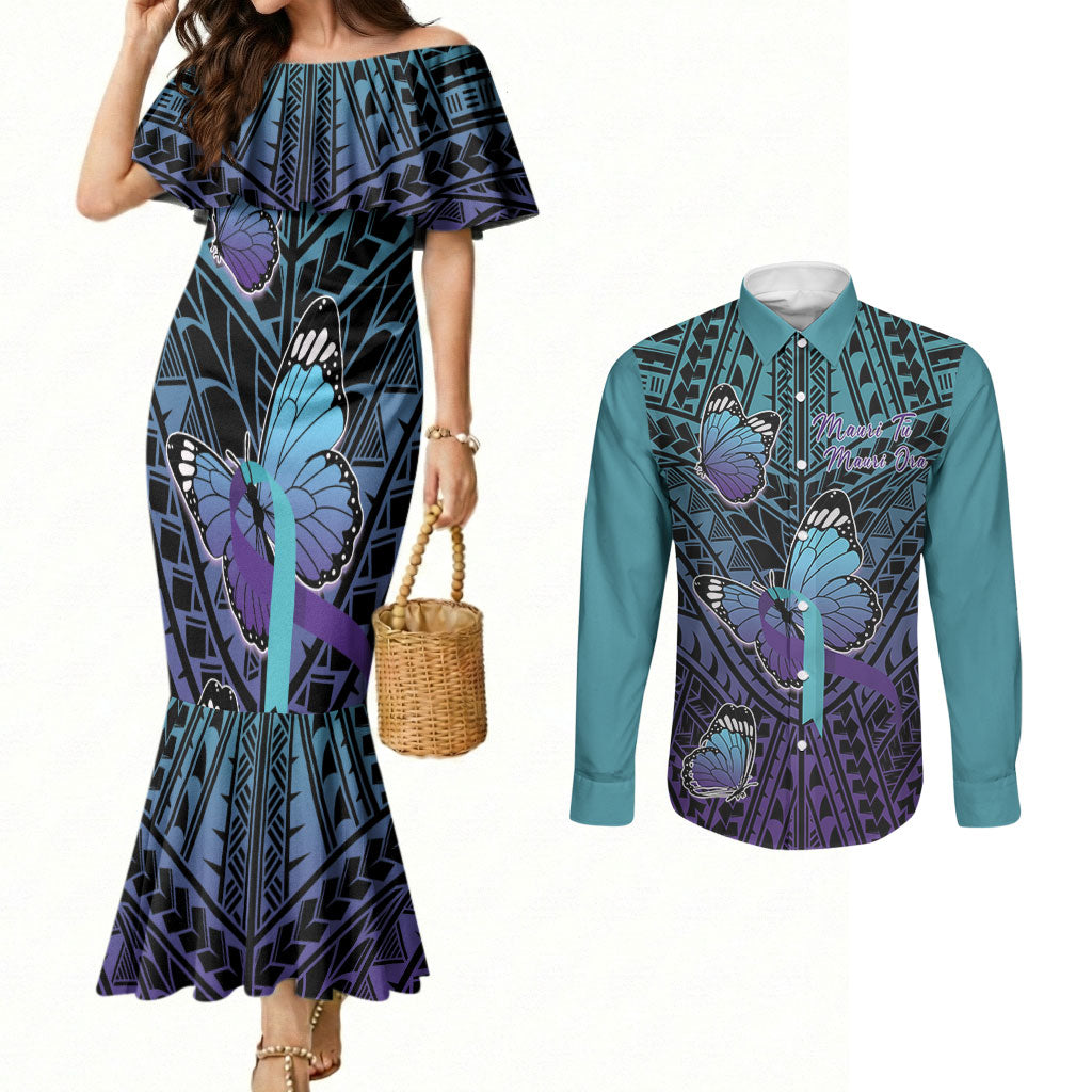 Personalised New Zealand Suicide Prevention Month Couples Matching Mermaid Dress and Long Sleeve Button Shirt Maori Mauri Tu Mauri Ora Polynesian Pattern