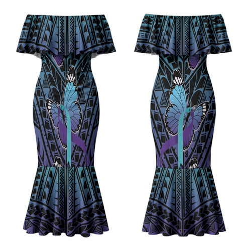 Personalised New Zealand Suicide Prevention Month Couples Matching Mermaid Dress and Long Sleeve Button Shirt Maori Mauri Tu Mauri Ora Polynesian Pattern