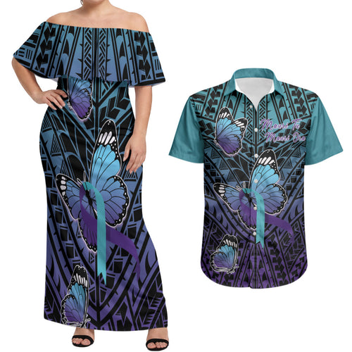 Personalised New Zealand Suicide Prevention Month Couples Matching Off Shoulder Maxi Dress and Hawaiian Shirt Maori Mauri Tu Mauri Ora Polynesian Pattern