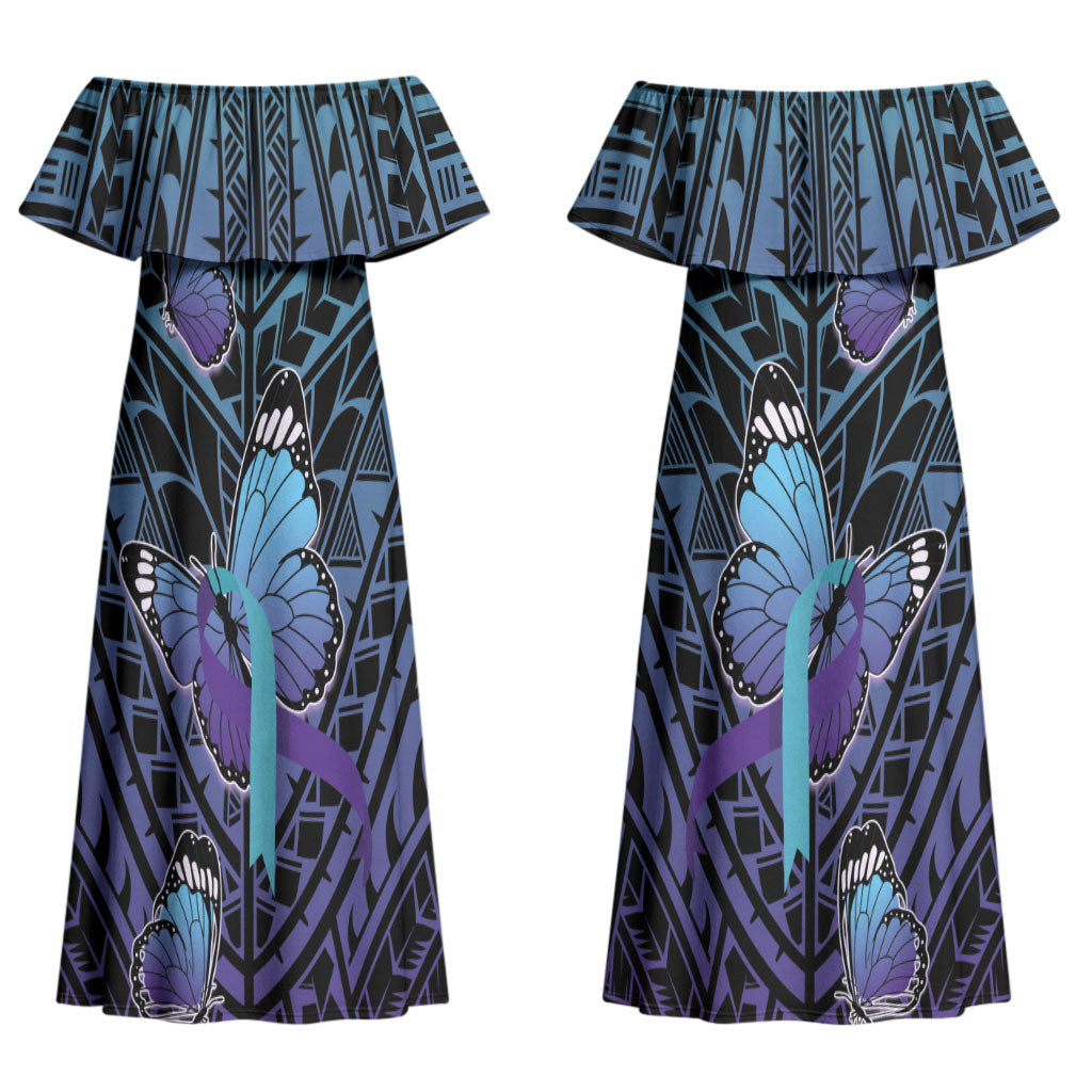 Personalised New Zealand Suicide Prevention Month Couples Matching Off Shoulder Maxi Dress and Hawaiian Shirt Maori Mauri Tu Mauri Ora Polynesian Pattern