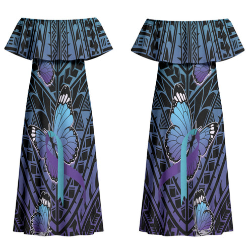 Personalised New Zealand Suicide Prevention Month Couples Matching Off Shoulder Maxi Dress and Hawaiian Shirt Maori Mauri Tu Mauri Ora Polynesian Pattern