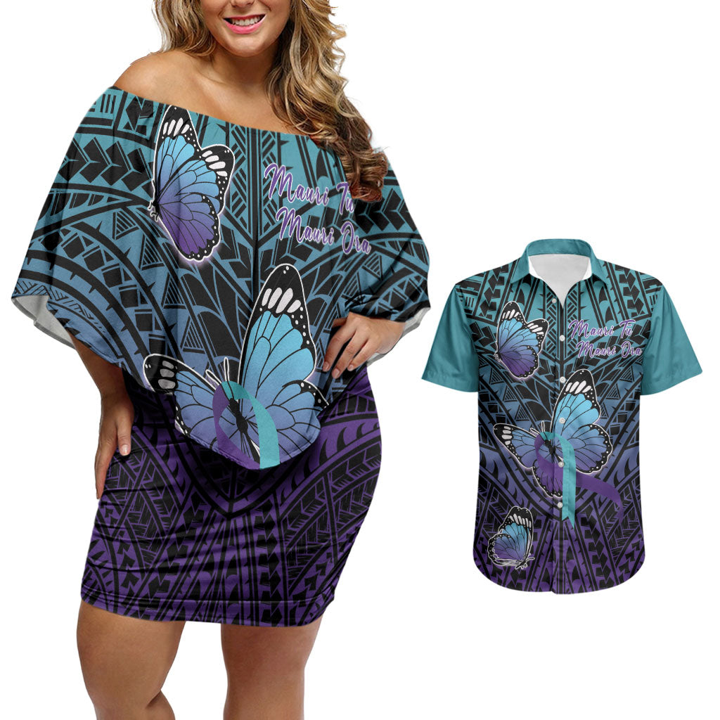 Personalised New Zealand Suicide Prevention Month Couples Matching Off Shoulder Short Dress and Hawaiian Shirt Maori Mauri Tu Mauri Ora Polynesian Pattern