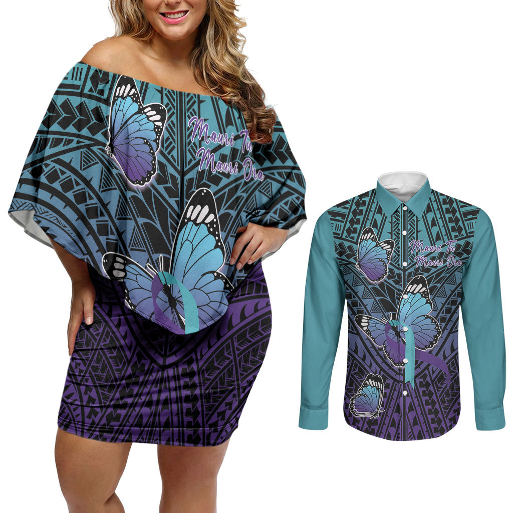 Personalised New Zealand Suicide Prevention Month Couples Matching Off Shoulder Short Dress and Long Sleeve Button Shirt Maori Mauri Tu Mauri Ora Polynesian Pattern