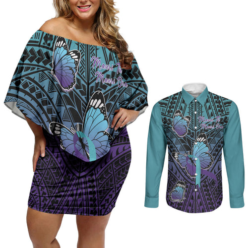 Personalised New Zealand Suicide Prevention Month Couples Matching Off Shoulder Short Dress and Long Sleeve Button Shirt Maori Mauri Tu Mauri Ora Polynesian Pattern