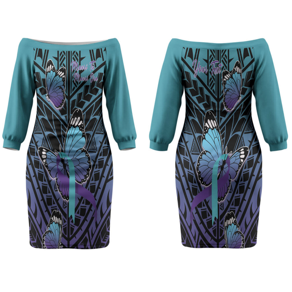 Personalised New Zealand Suicide Prevention Month Couples Matching Off The Shoulder Long Sleeve Dress and Long Sleeve Button Shirt Maori Mauri Tu Mauri Ora Polynesian Pattern