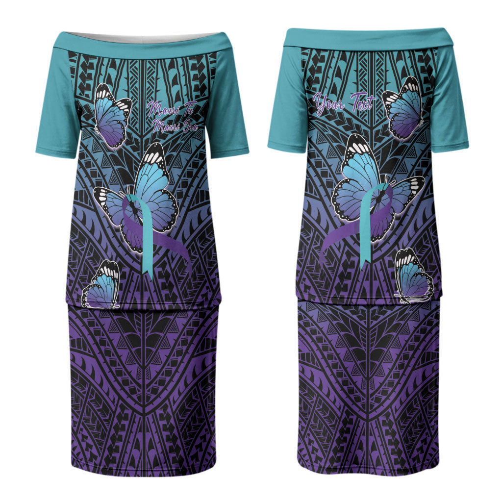 Personalised New Zealand Suicide Prevention Month Couples Matching Puletasi and Hawaiian Shirt Maori Mauri Tu Mauri Ora Polynesian Pattern