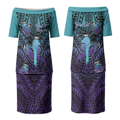 Personalised New Zealand Suicide Prevention Month Couples Matching Puletasi and Hawaiian Shirt Maori Mauri Tu Mauri Ora Polynesian Pattern