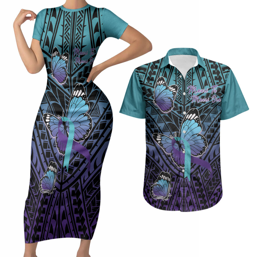 Personalised New Zealand Suicide Prevention Month Couples Matching Short Sleeve Bodycon Dress and Hawaiian Shirt Maori Mauri Tu Mauri Ora Polynesian Pattern