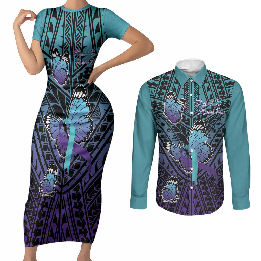 Personalised New Zealand Suicide Prevention Month Couples Matching Short Sleeve Bodycon Dress and Long Sleeve Button Shirt Maori Mauri Tu Mauri Ora Polynesian Pattern
