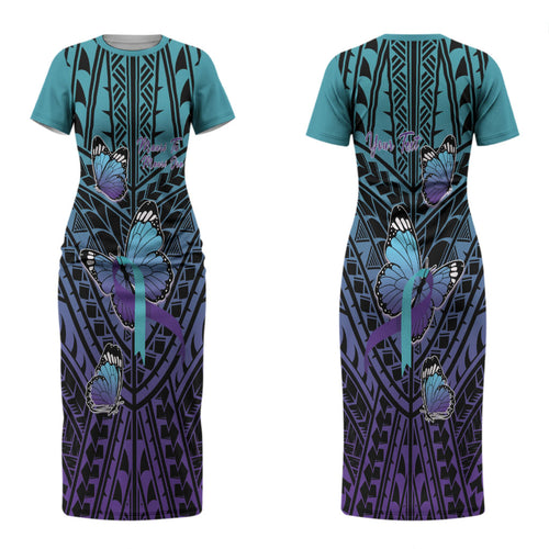 Personalised New Zealand Suicide Prevention Month Couples Matching Short Sleeve Bodycon Dress and Long Sleeve Button Shirt Maori Mauri Tu Mauri Ora Polynesian Pattern