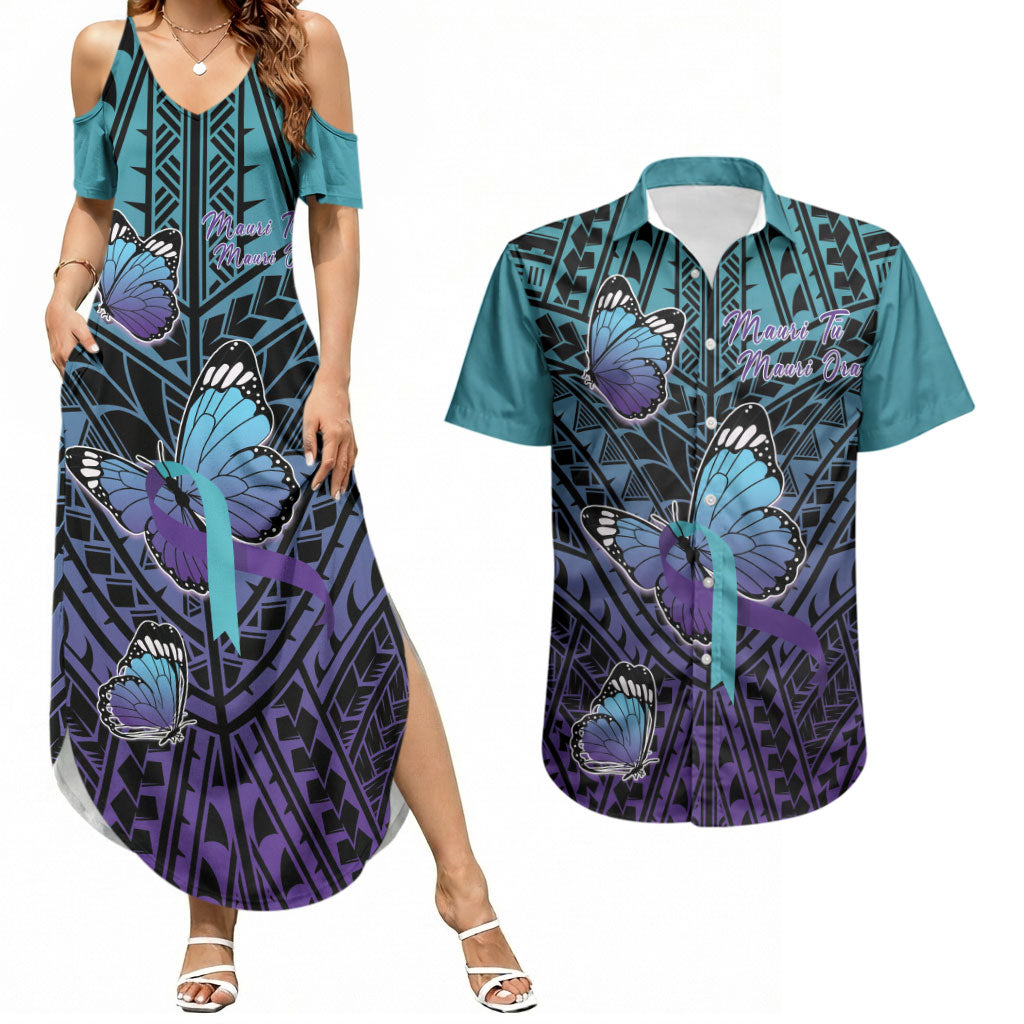 Personalised New Zealand Suicide Prevention Month Couples Matching Summer Maxi Dress and Hawaiian Shirt Maori Mauri Tu Mauri Ora Polynesian Pattern
