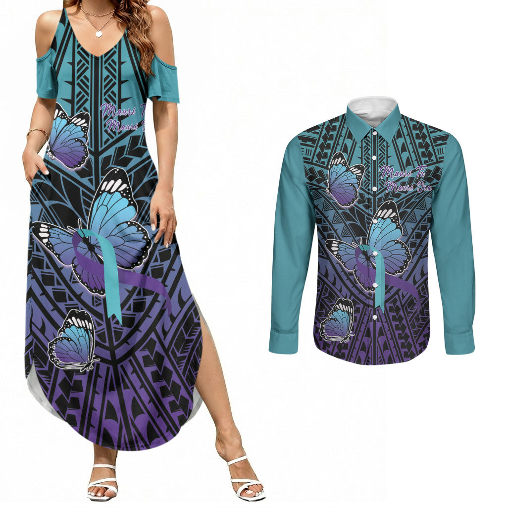 Personalised New Zealand Suicide Prevention Month Couples Matching Summer Maxi Dress and Long Sleeve Button Shirt Maori Mauri Tu Mauri Ora Polynesian Pattern