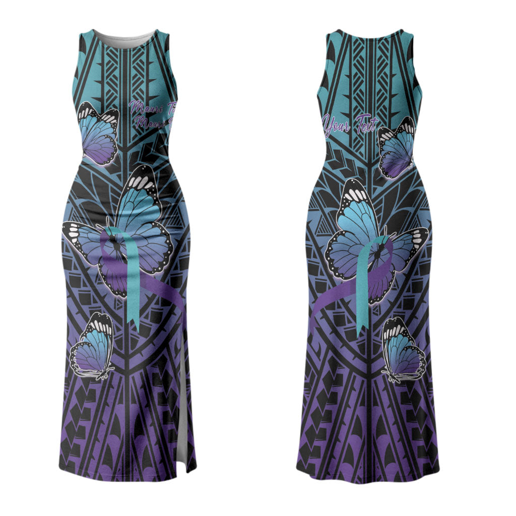 Personalised New Zealand Suicide Prevention Month Couples Matching Tank Maxi Dress and Long Sleeve Button Shirt Maori Mauri Tu Mauri Ora Polynesian Pattern