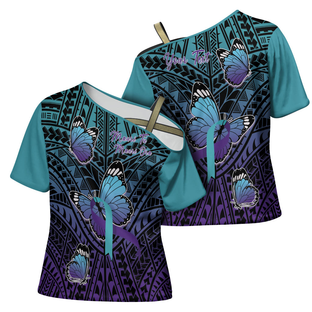 Personalised New Zealand Suicide Prevention Month Cross Shoulder Shirt Maori Mauri Tu Mauri Ora Polynesian Pattern