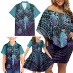 Personalised New Zealand Suicide Prevention Month Family Matching Off Shoulder Short Dress and Hawaiian Shirt Maori Mauri Tu Mauri Ora Polynesian Pattern