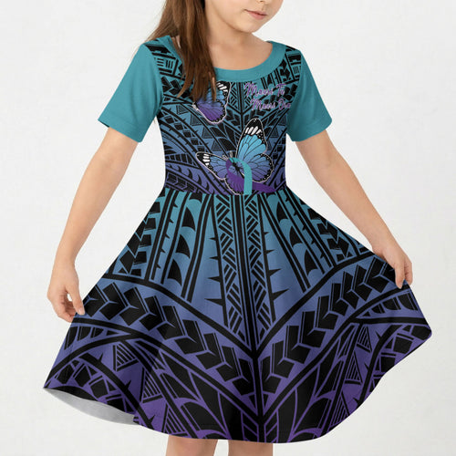Personalised New Zealand Suicide Prevention Month Kid Short Sleeve Dress Maori Mauri Tu Mauri Ora Polynesian Pattern